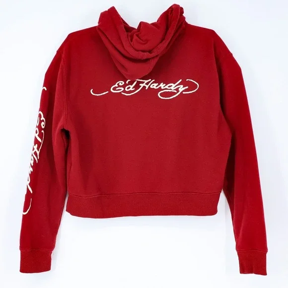 Ed Hardy Sweatshirt Womens L Cropped Koi FIsh Print Hoodie Red Long Sleeve Fit - Picture 3 of 10